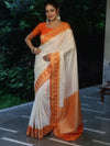Banarasee Handloom Pure Chiniya Silk Saree With Zari Buti Work & Contrast Border-Cream & Orange