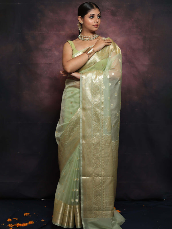 Banarasee Organza Mix Saree With Zari Buti & Border-Light Green