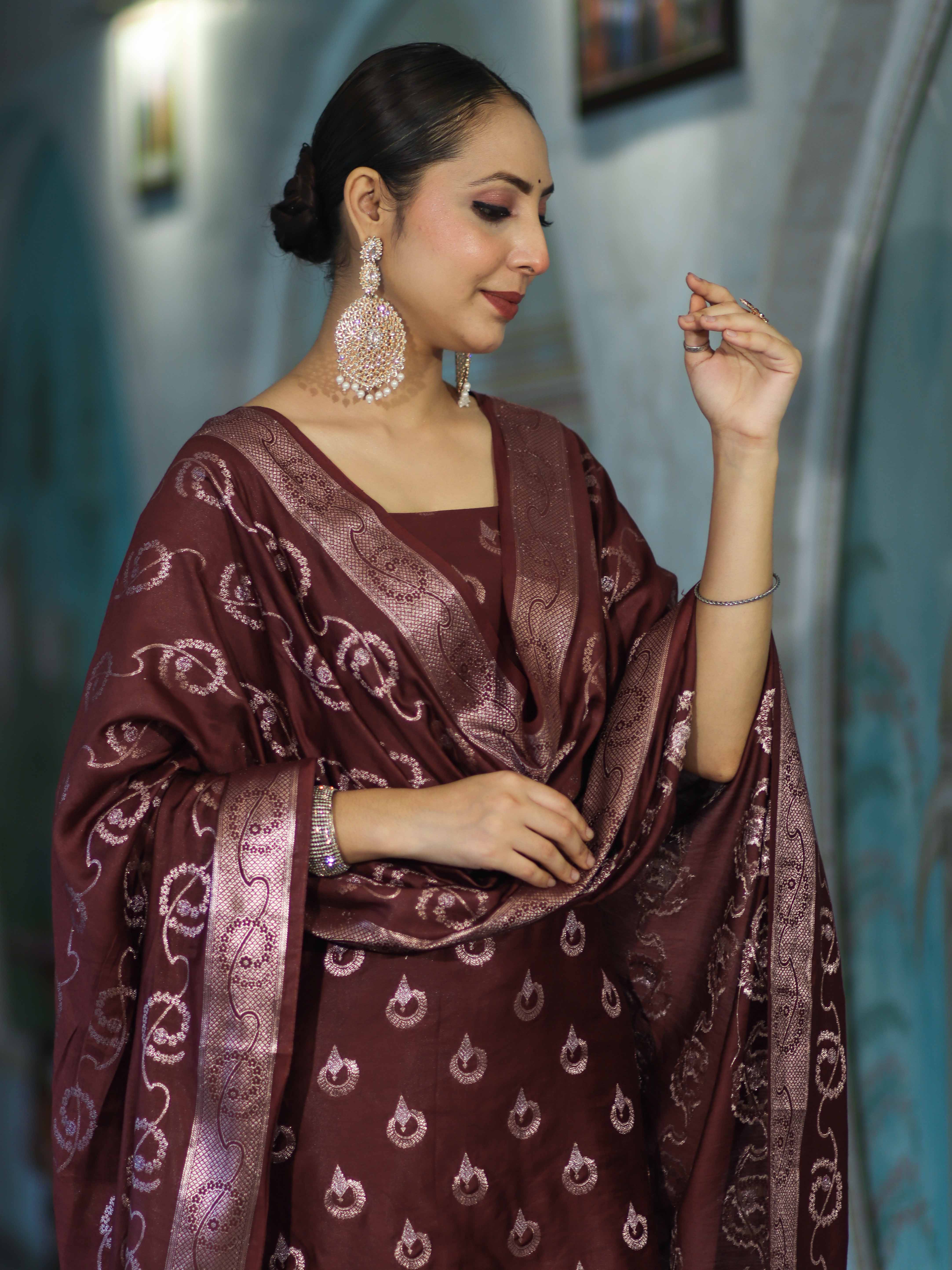 Banarasee Zari Embroidered Chanderi Silk Salwar Kameez With Dupatta Set-Wine