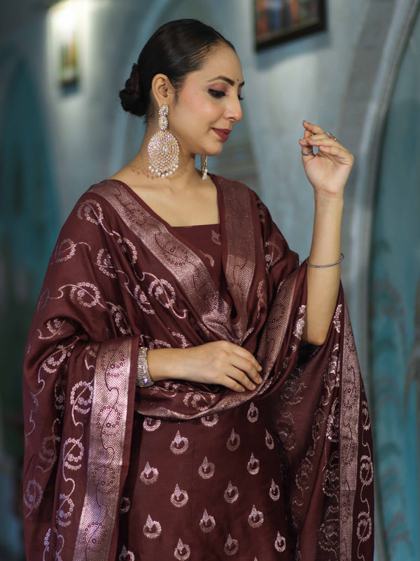 Banarasee Zari Embroidered Chanderi Silk Salwar Kameez With Dupatta Set-Wine
