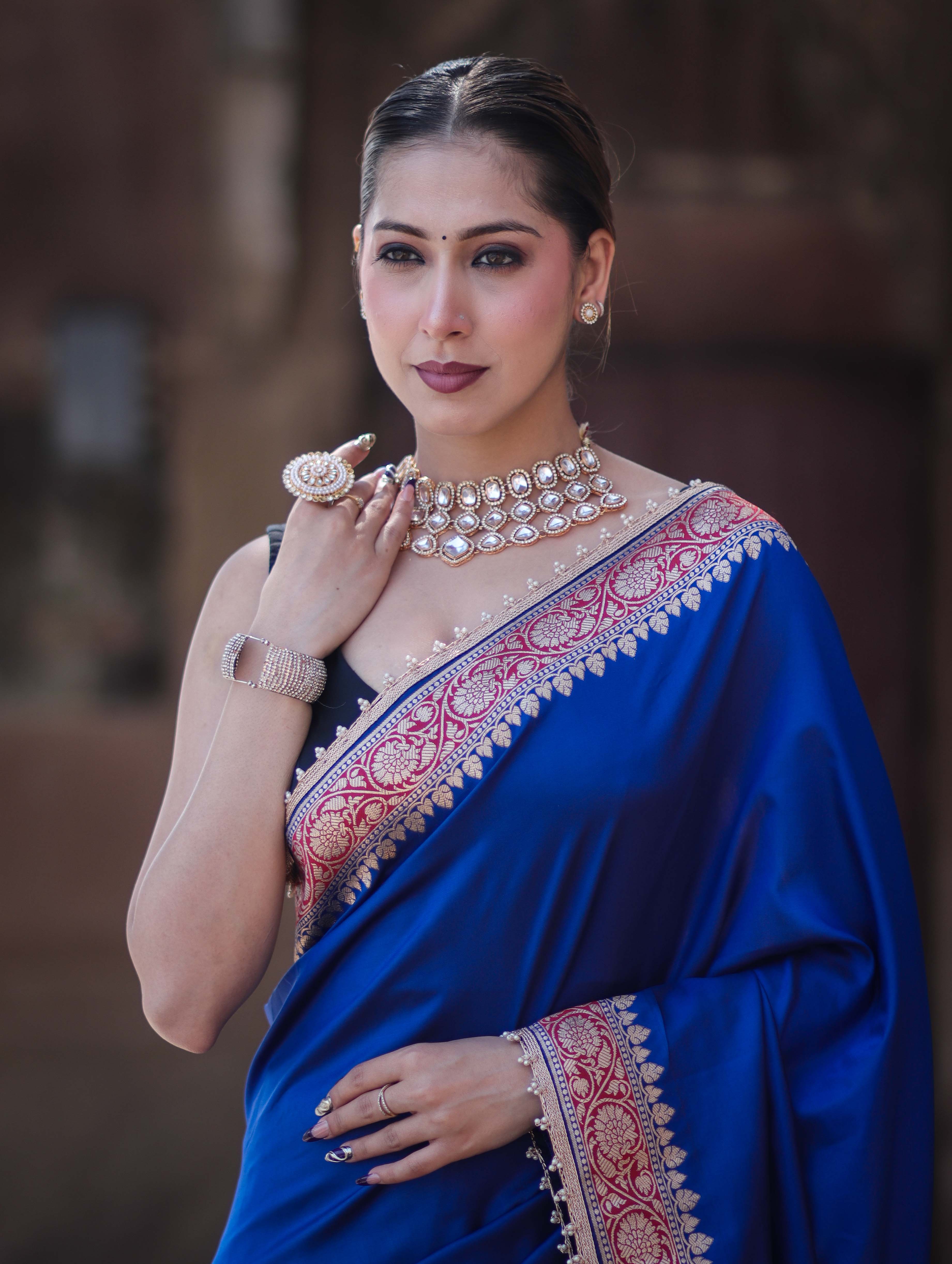 Banarasee Handloom Semi Katan Saree With Contrast Border & Lace-Blue & Black