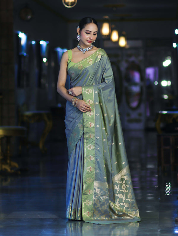 Banarasee Handloom Dual Tone Semi Silk Saree With Zari Buti Design & Border-Moss Green (Blue tone)