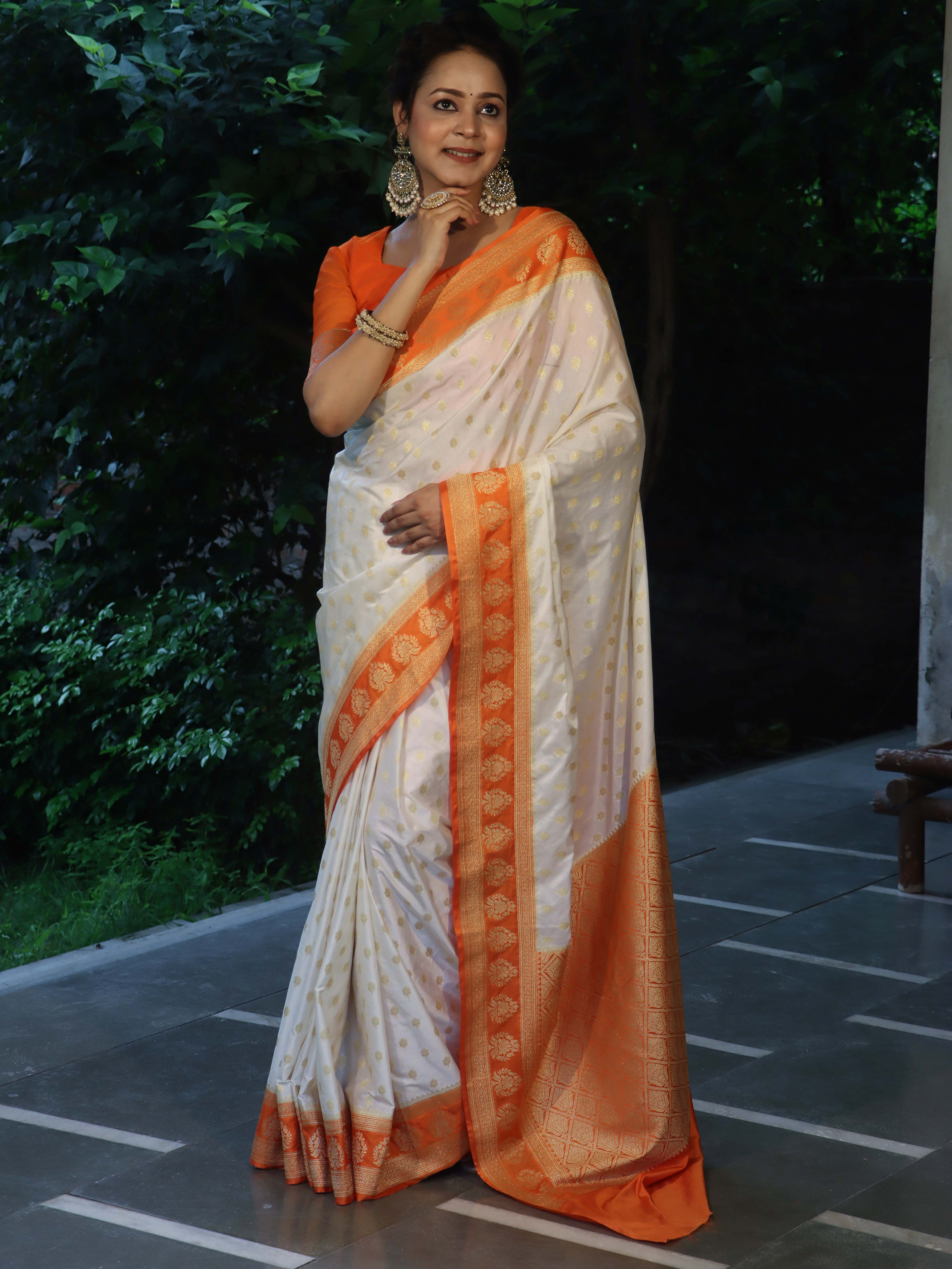 Banarasee Handloom Pure Chiniya Silk Saree With Zari Buti Work & Contrast Border-Cream & Orange