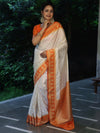 Banarasee Handloom Pure Chiniya Silk Saree With Zari Buti Work & Contrast Border-Cream & Orange