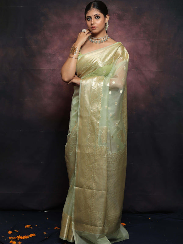 Banarasee Organza Mix Saree With Zari Buti & Border-Light Green