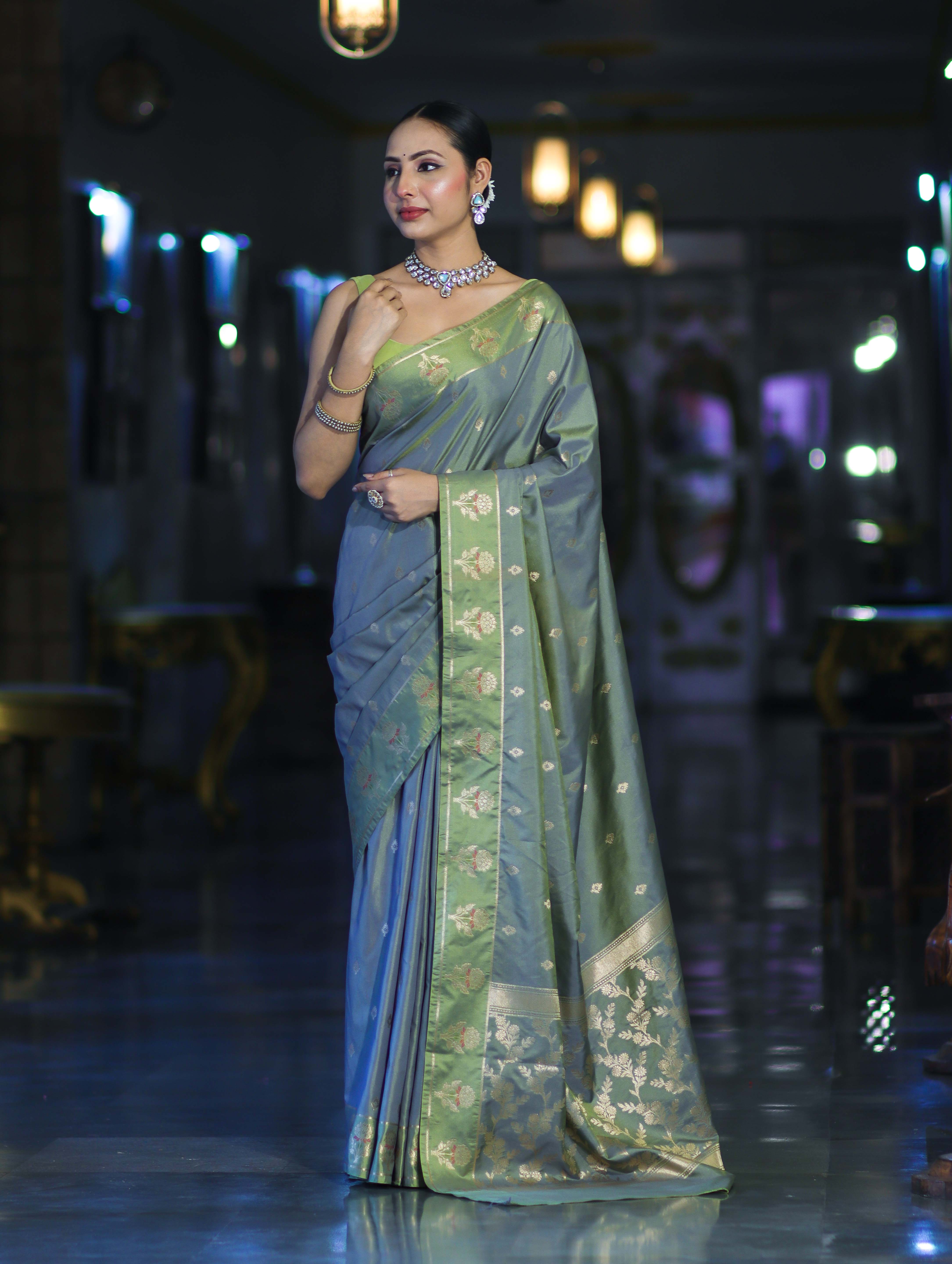 Banarasee Handloom Dual Tone Semi Silk Saree With Zari Buti Design & Border-Moss Green (Blue tone)