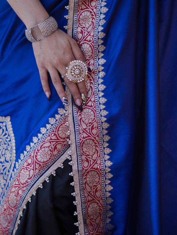 Banarasee Handloom Semi Katan Saree With Contrast Border & Lace-Blue & Black