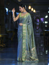 Banarasee Handloom Dual Tone Semi Silk Saree With Zari Buti Design & Border-Moss Green (Blue tone)