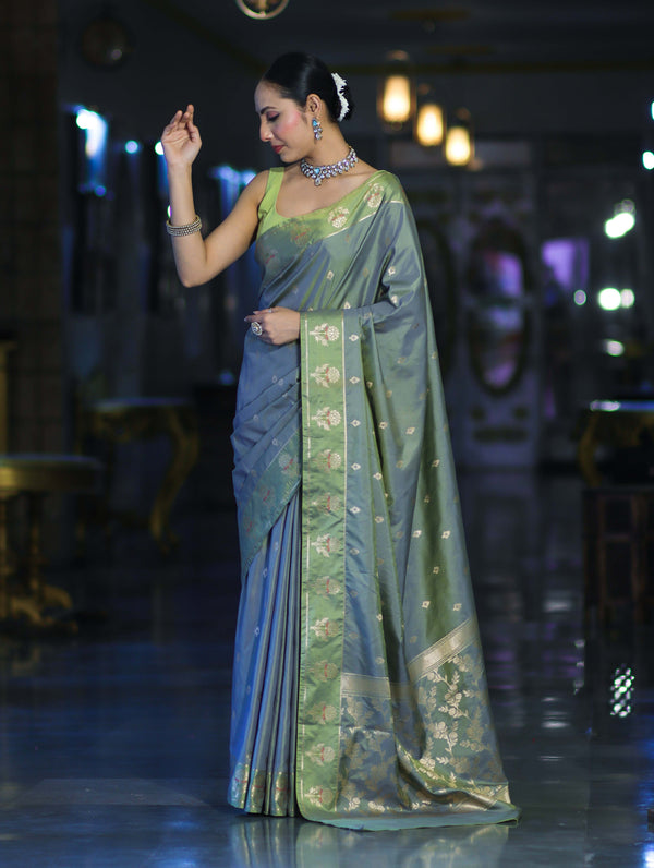 Banarasee Handloom Dual Tone Semi Silk Saree With Zari Buti Design & Border-Moss Green (Blue tone)