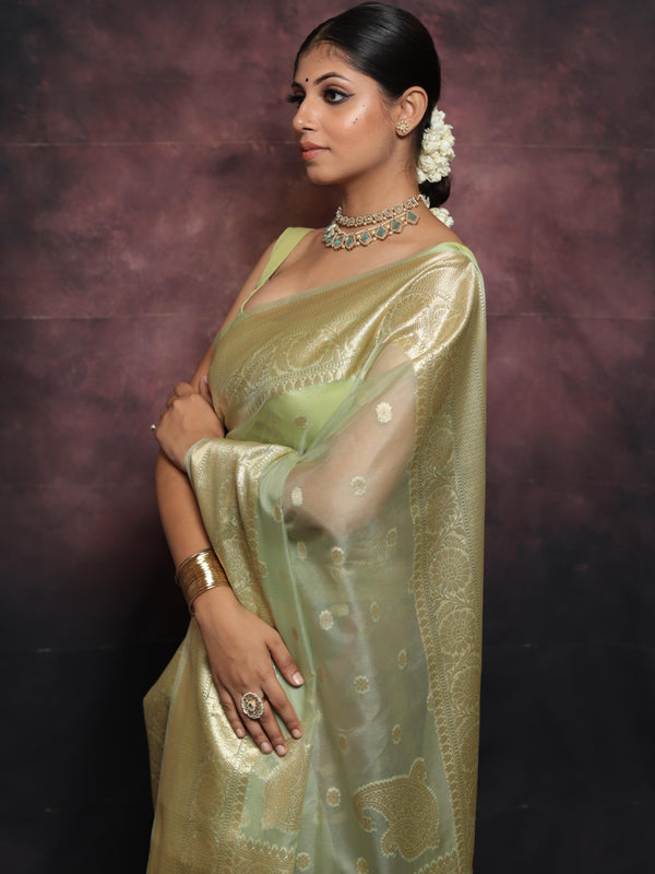 Banarasee Organza Mix Saree With Zari Buti & Border-Light Green