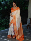 Banarasee Handloom Pure Chiniya Silk Saree With Zari Buti Work & Contrast Border-Cream & Orange
