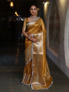 Banarasee Handwoven Plain Tissue Saree With Broad Zari Border & Lace-Golden Yellow