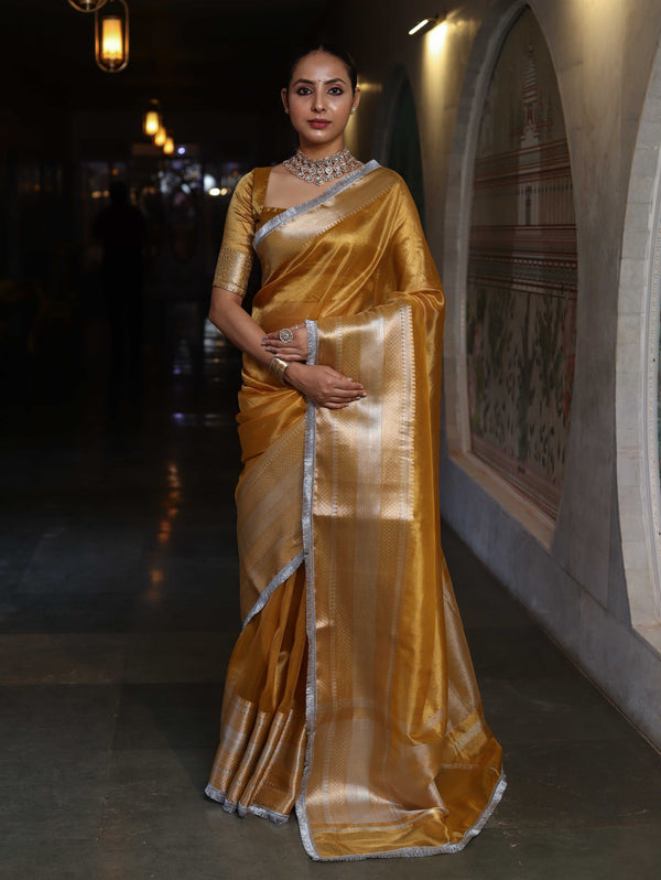 Banarasee Handwoven Plain Tissue Saree With Broad Zari Border & Lace-Golden Yellow