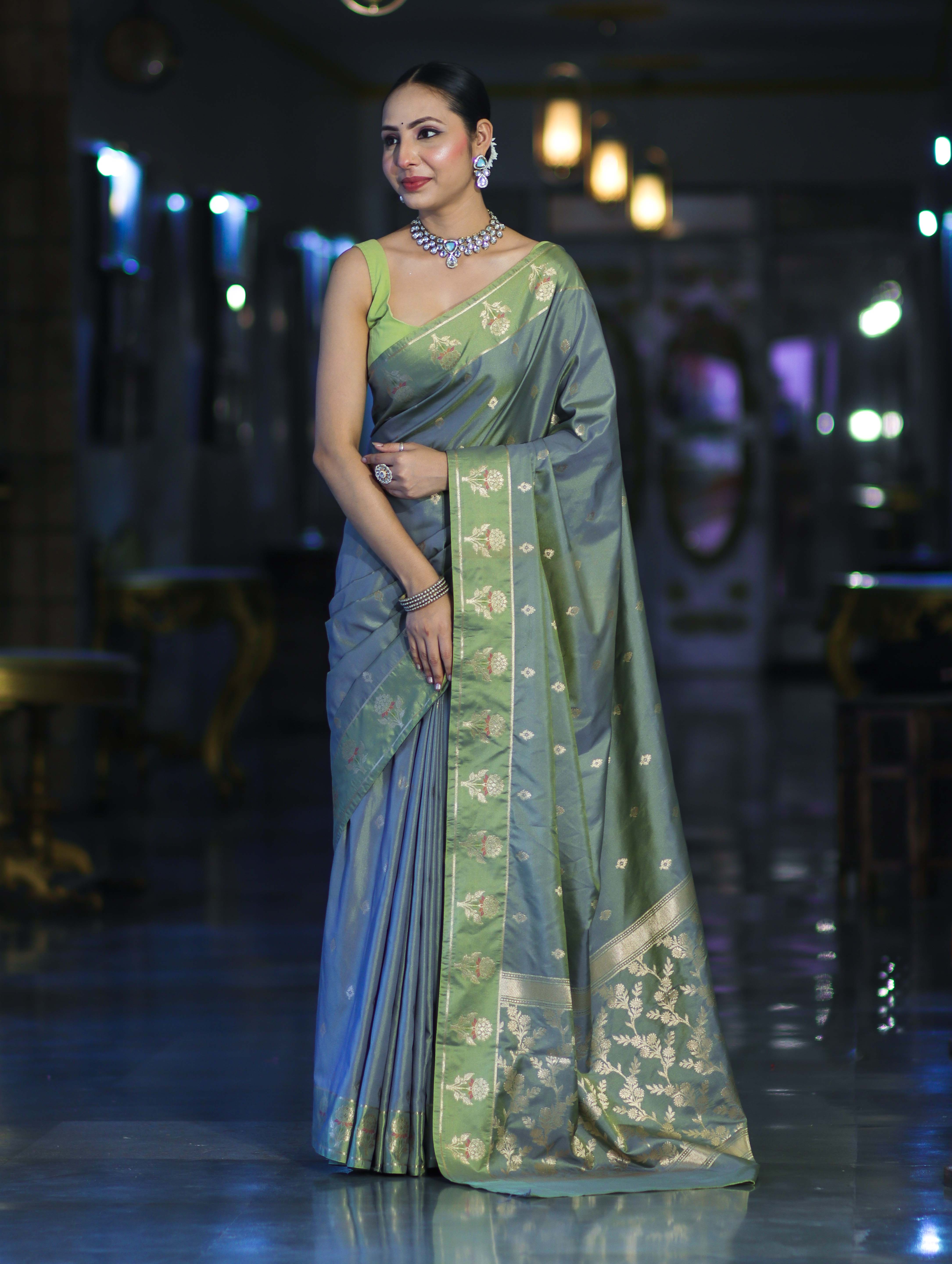 Banarasee Handloom Dual Tone Semi Silk Saree With Zari Buti Design & Border-Moss Green (Blue tone)