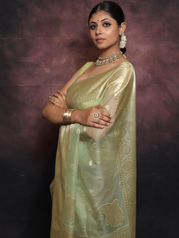 Banarasee Organza Mix Saree With Zari Buti & Border-Light Green