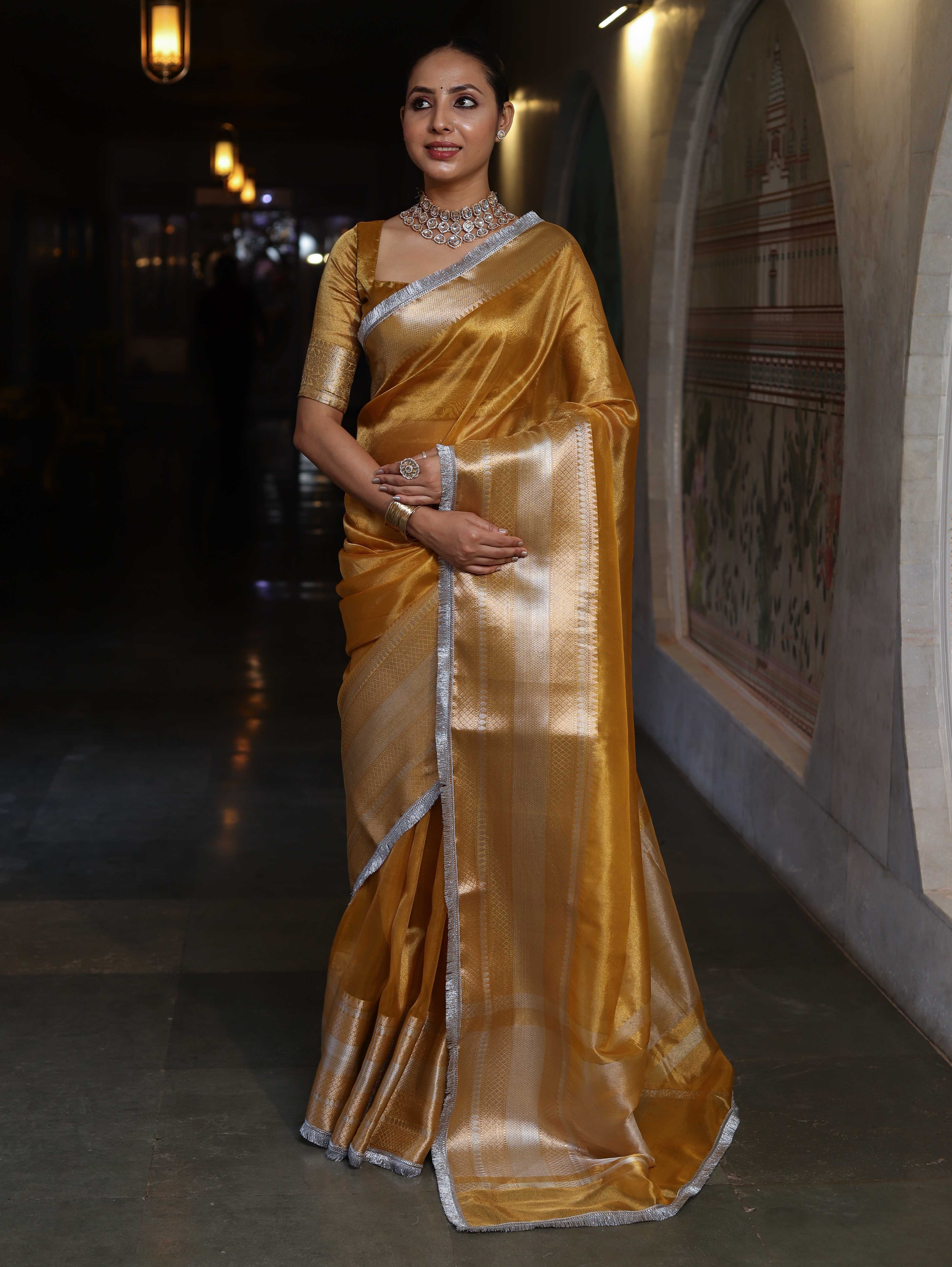 Banarasee Handwoven Plain Tissue Saree With Broad Zari Border & Lace-Golden Yellow