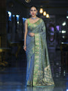 Banarasee Handloom Dual Tone Semi Silk Saree With Zari Buti Design & Border-Moss Green (Blue tone)