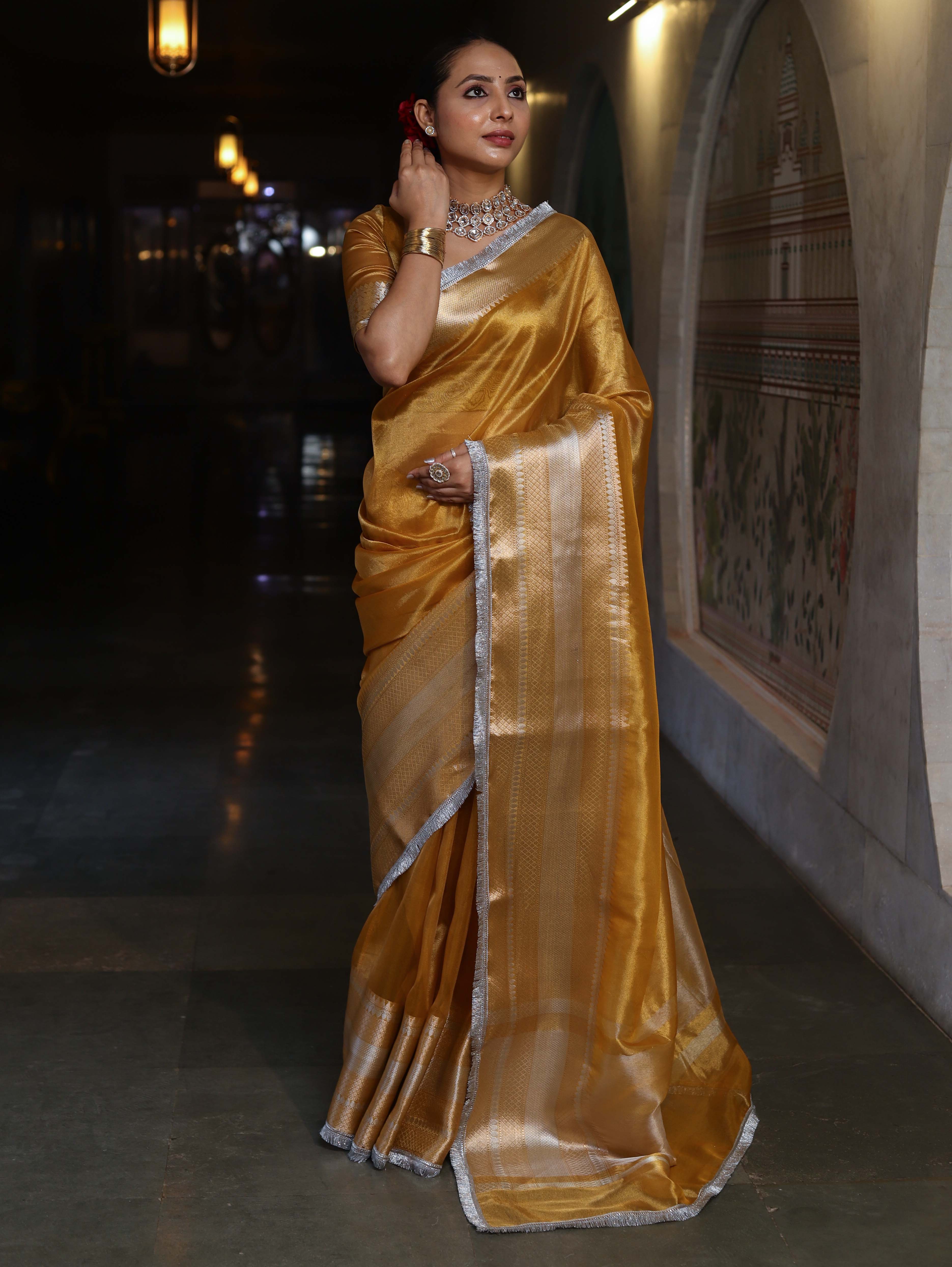 Banarasee Handwoven Plain Tissue Saree With Broad Zari Border & Lace-Golden Yellow