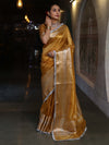 Banarasee Handwoven Plain Tissue Saree With Broad Zari Border & Lace-Golden Yellow