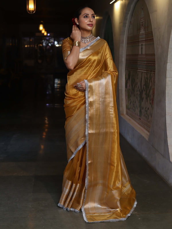 Banarasee Handwoven Plain Tissue Saree With Broad Zari Border & Lace-Golden Yellow