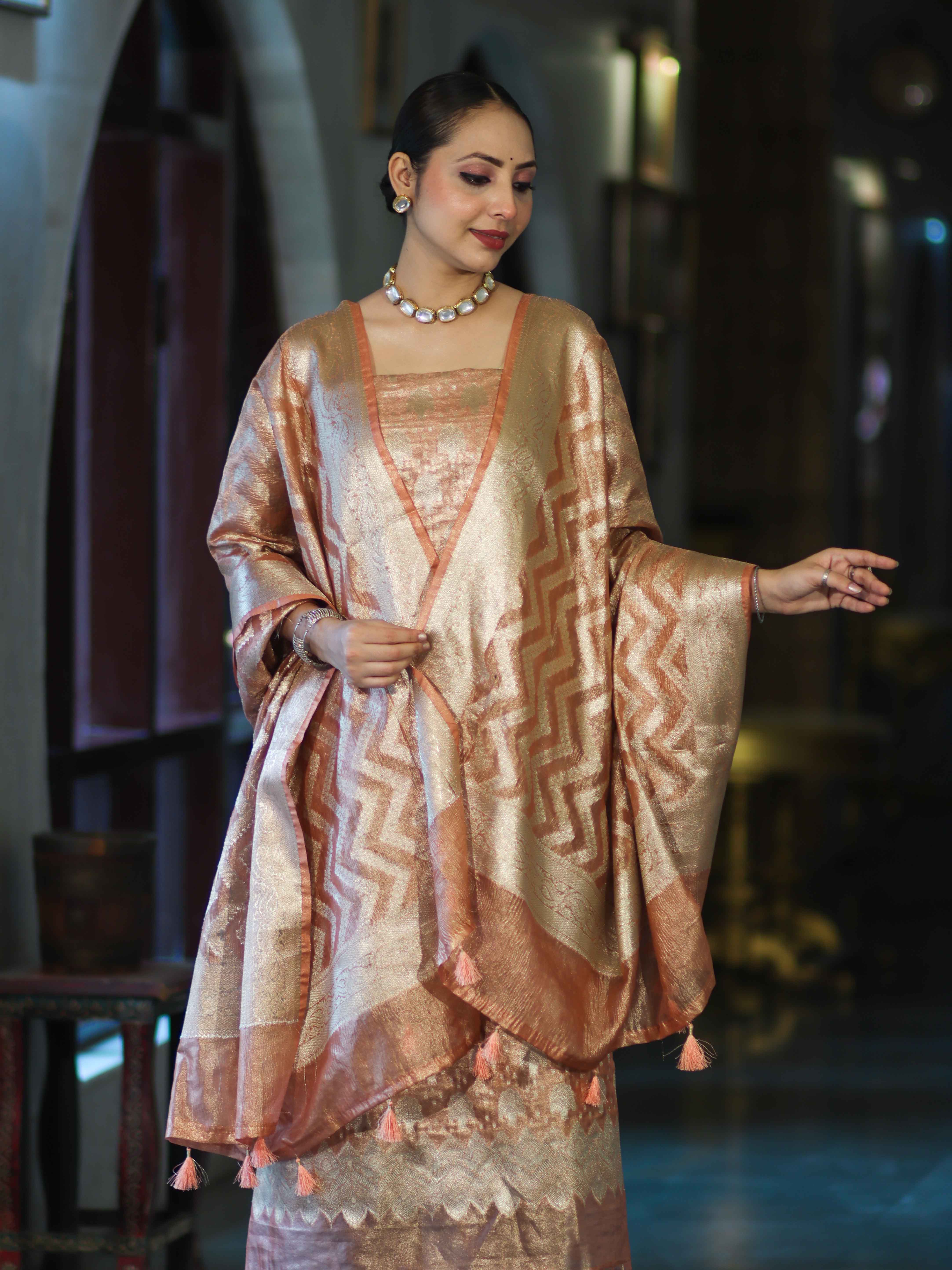 Banarasee Tissue Zari Work Salwar Kameez Fabric With Dupatta Set-Peach