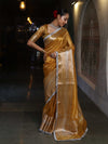 Banarasee Handwoven Plain Tissue Saree With Broad Zari Border & Lace-Golden Yellow