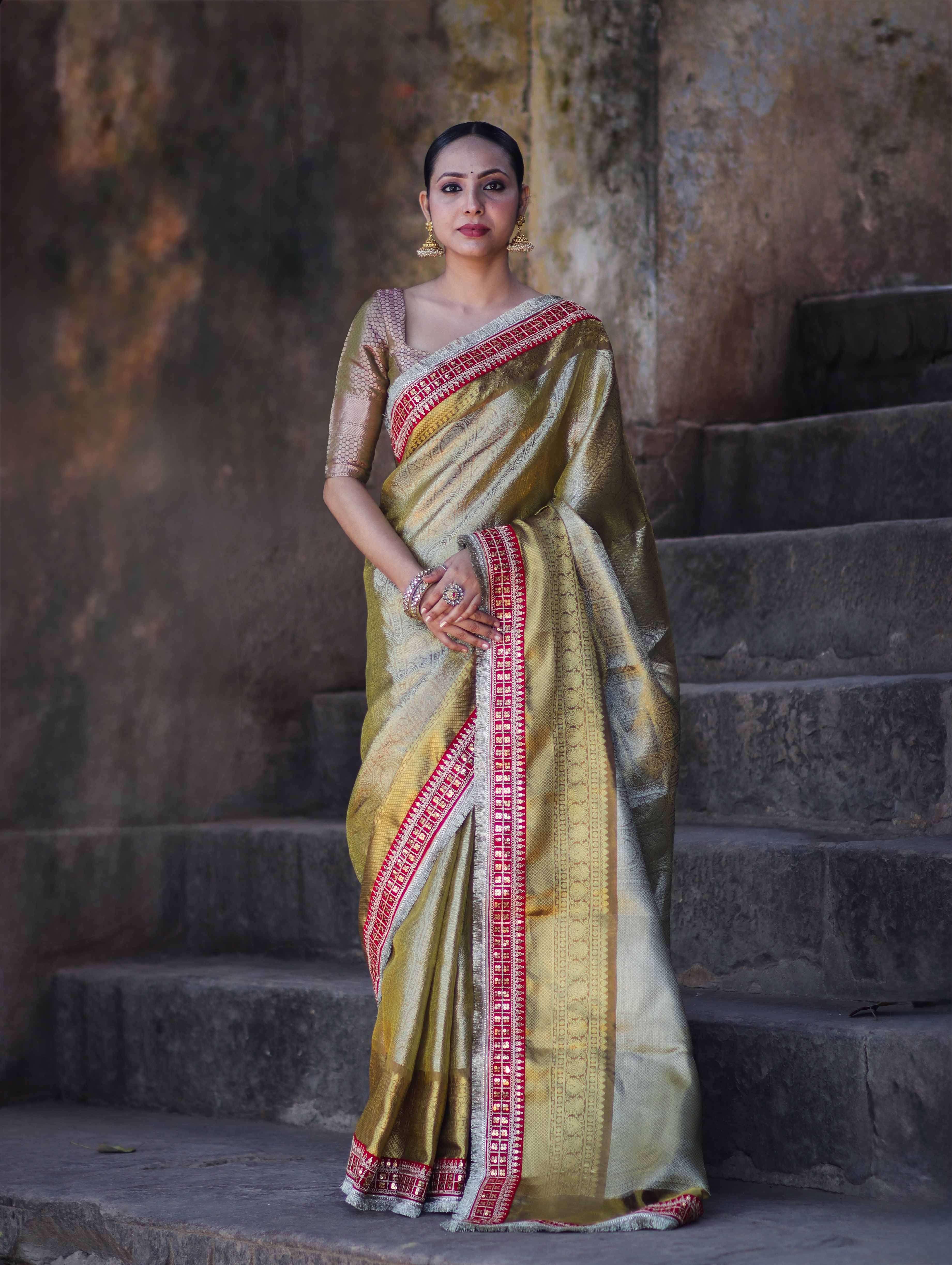 Banarasee Handloom Tissue Saree With Zari Woven Design Border & Contrast Lace-Moss Green (Gold Tone)