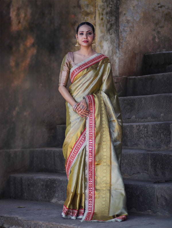 Banarasee Handloom Tissue Saree With Zari Woven Design Border & Contrast Lace-Moss Green (Gold Tone)