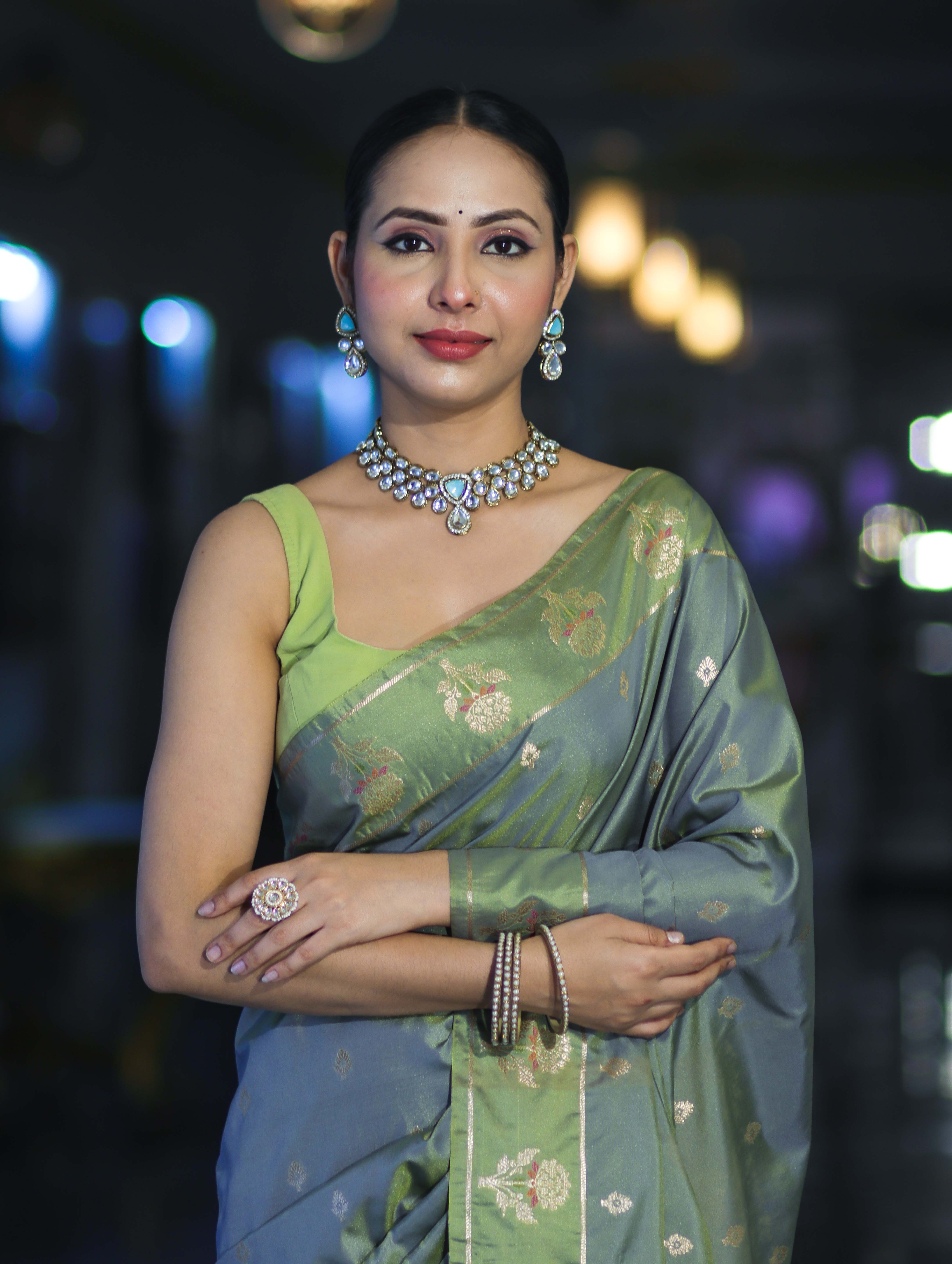 Banarasee Handloom Dual Tone Semi Silk Saree With Zari Buti Design & Border-Moss Green (Blue tone)