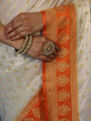 Banarasee Handloom Pure Chiniya Silk Saree With Zari Buti Work & Contrast Border-Cream & Orange