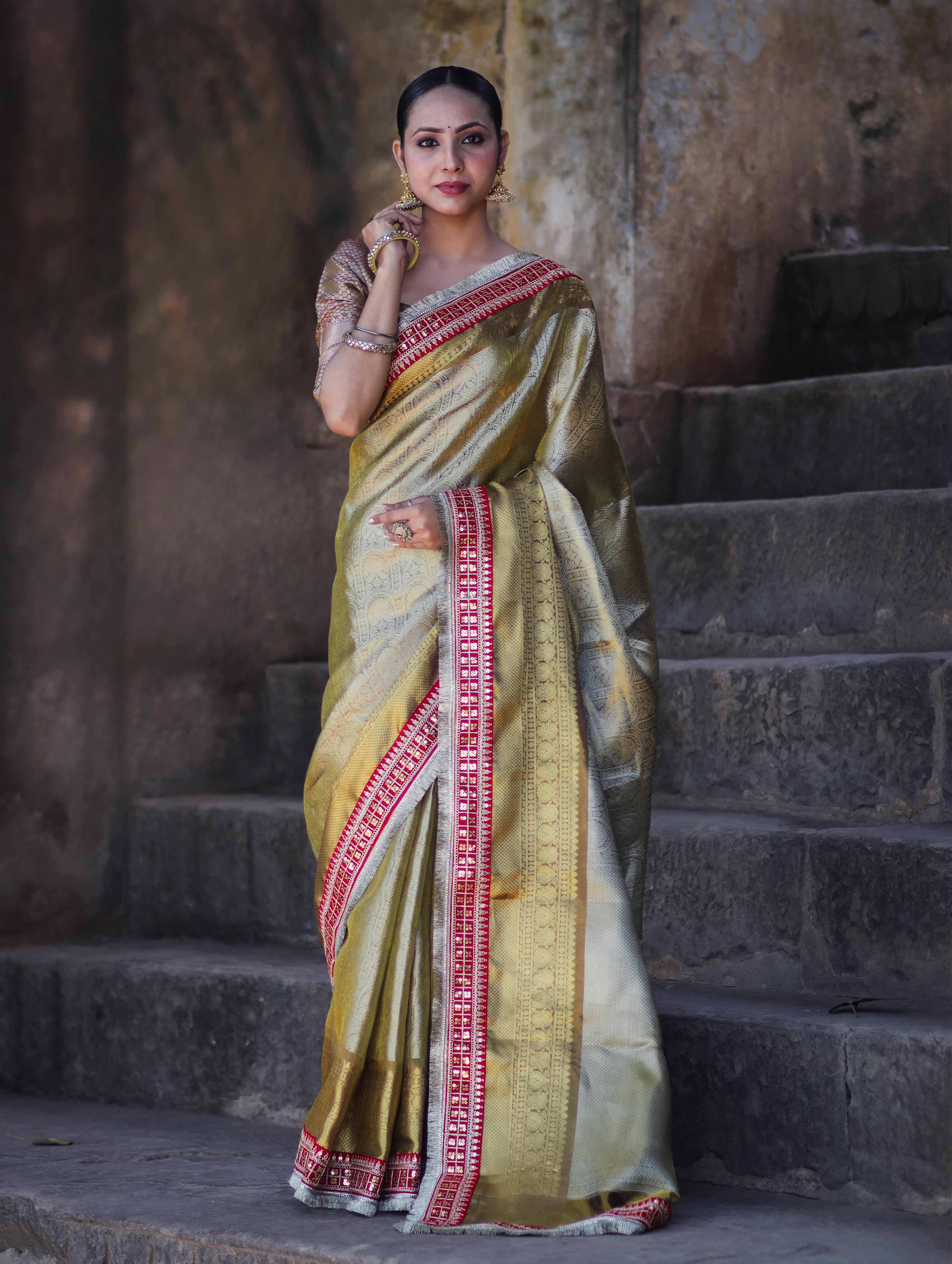 Banarasee Handloom Tissue Saree With Zari Woven Design Border & Contrast Lace-Moss Green (Gold Tone)