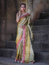 Banarasee Handloom Tissue Saree With Zari Woven Design Border & Contrast Lace-Moss Green (Gold Tone)