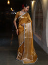 Banarasee Handwoven Plain Tissue Saree With Broad Zari Border & Lace-Golden Yellow