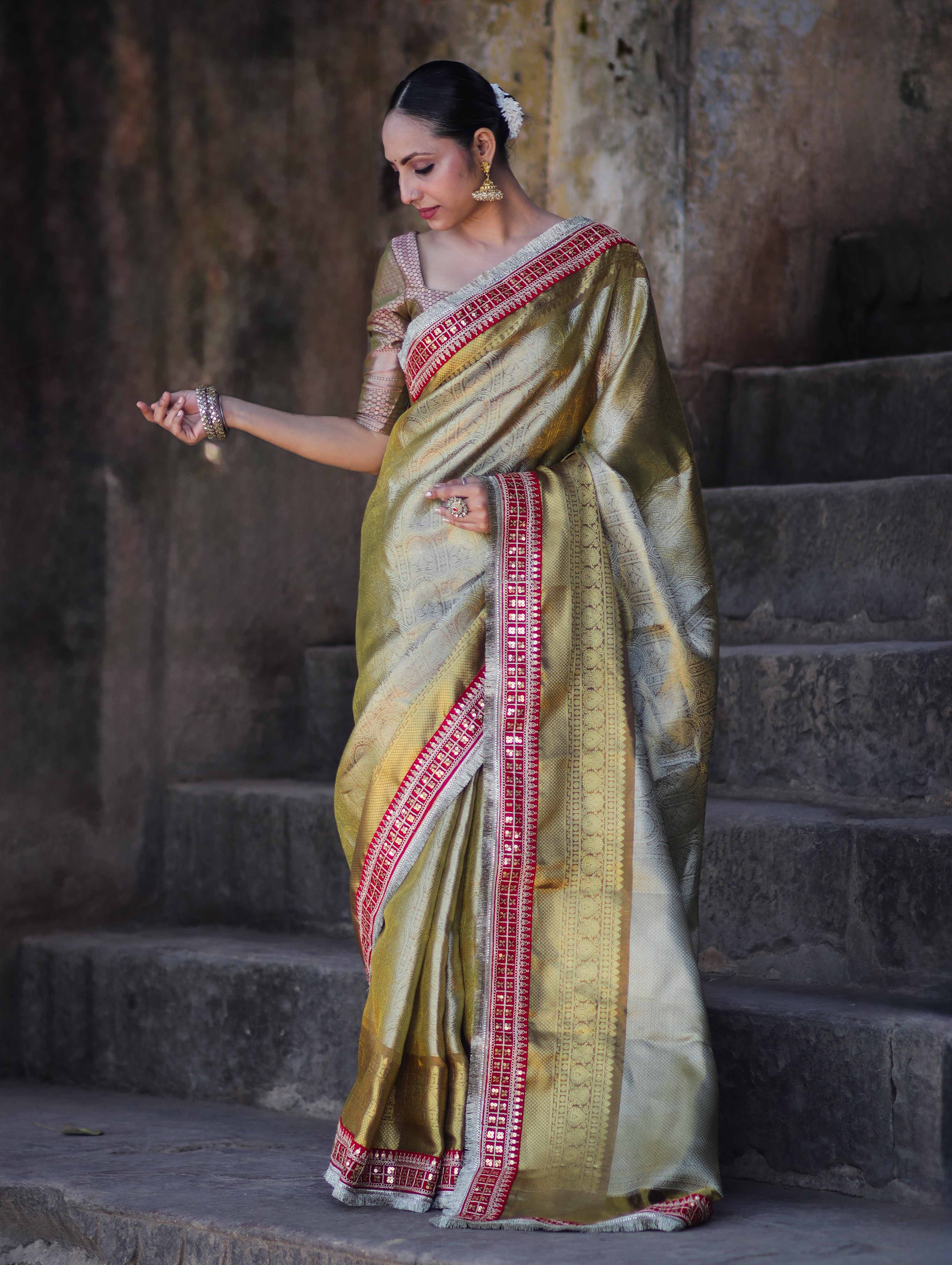 Banarasee Handloom Tissue Saree With Zari Woven Design Border & Contrast Lace-Moss Green (Gold Tone)