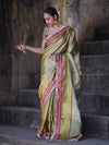 Banarasee Handloom Tissue Saree With Zari Woven Design Border & Contrast Lace-Moss Green (Gold Tone)