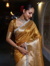 Banarasee Handwoven Plain Tissue Saree With Broad Zari Border & Lace-Golden Yellow