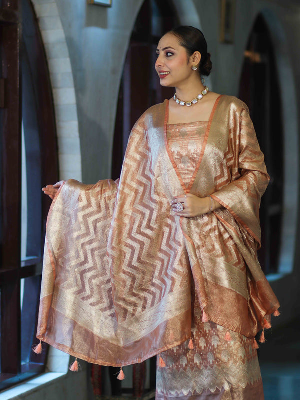Banarasee Tissue Zari Work Salwar Kameez Fabric With Dupatta Set-Peach