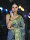 Banarasee Handloom Dual Tone Semi Silk Saree With Zari Buti Design & Border-Moss Green (Blue tone)