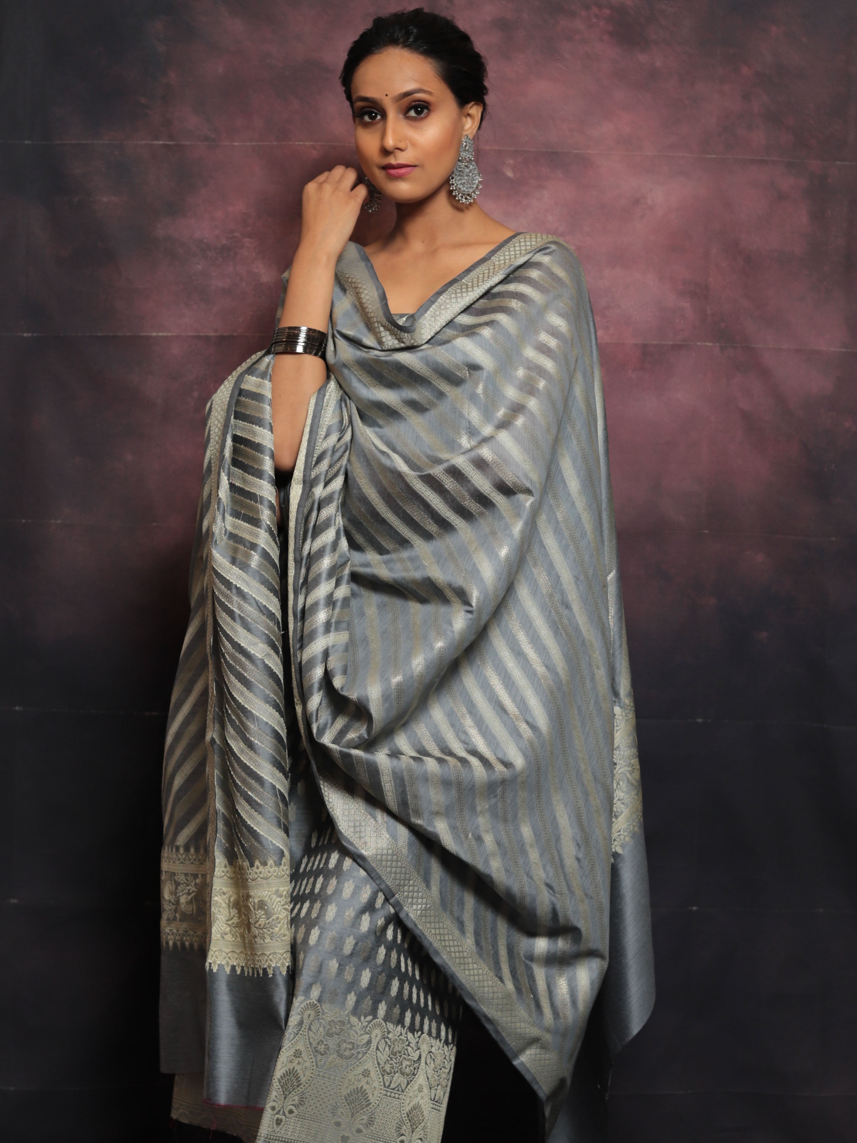 Banarasee Salwar Kameez Cotton Silk Resham & Zari Buti Woven Fabric With Dupatta-Grey