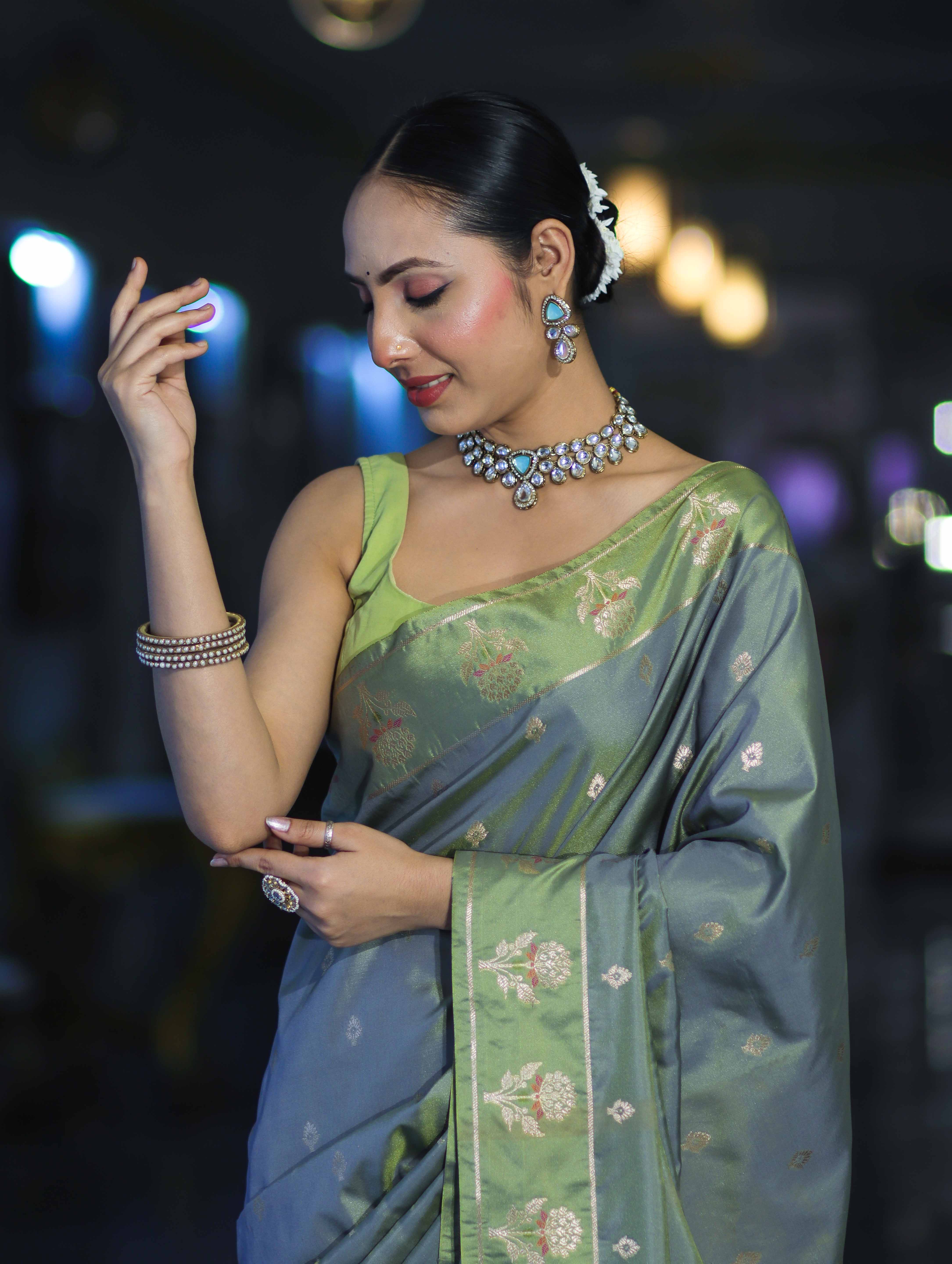 Banarasee Handloom Dual Tone Semi Silk Saree With Zari Buti Design & Border-Moss Green (Blue tone)