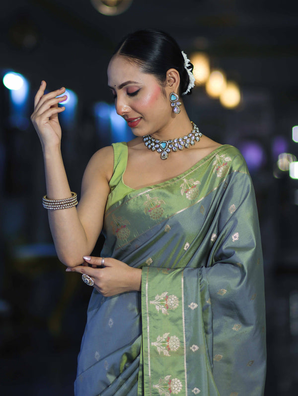 Banarasee Handloom Dual Tone Semi Silk Saree With Zari Buti Design & Border-Moss Green (Blue tone)