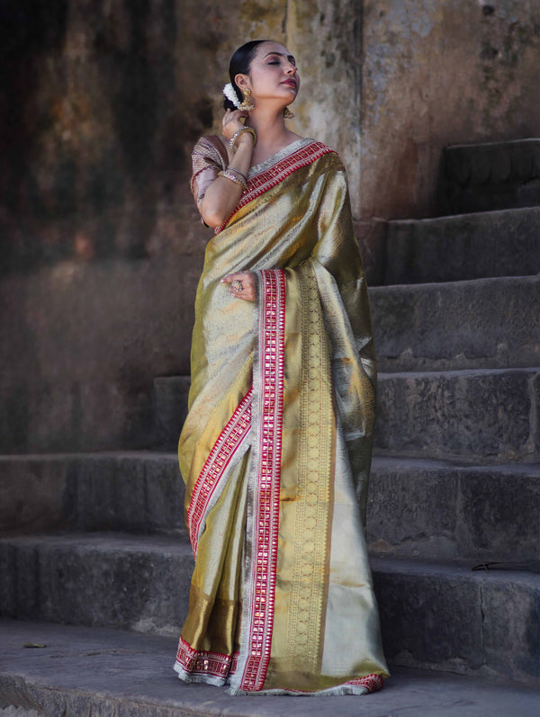 Banarasee Handloom Tissue Saree With Zari Woven Design Border & Contrast Lace-Moss Green (Gold Tone)
