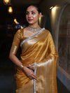 Banarasee Handwoven Plain Tissue Saree With Broad Zari Border & Lace-Golden Yellow