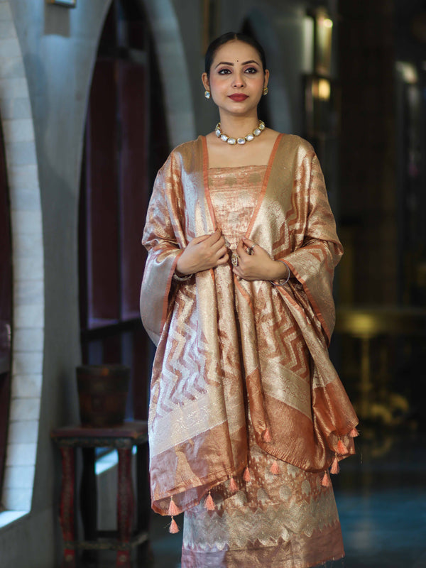 Banarasee Tissue Zari Work Salwar Kameez Fabric With Dupatta Set-Peach