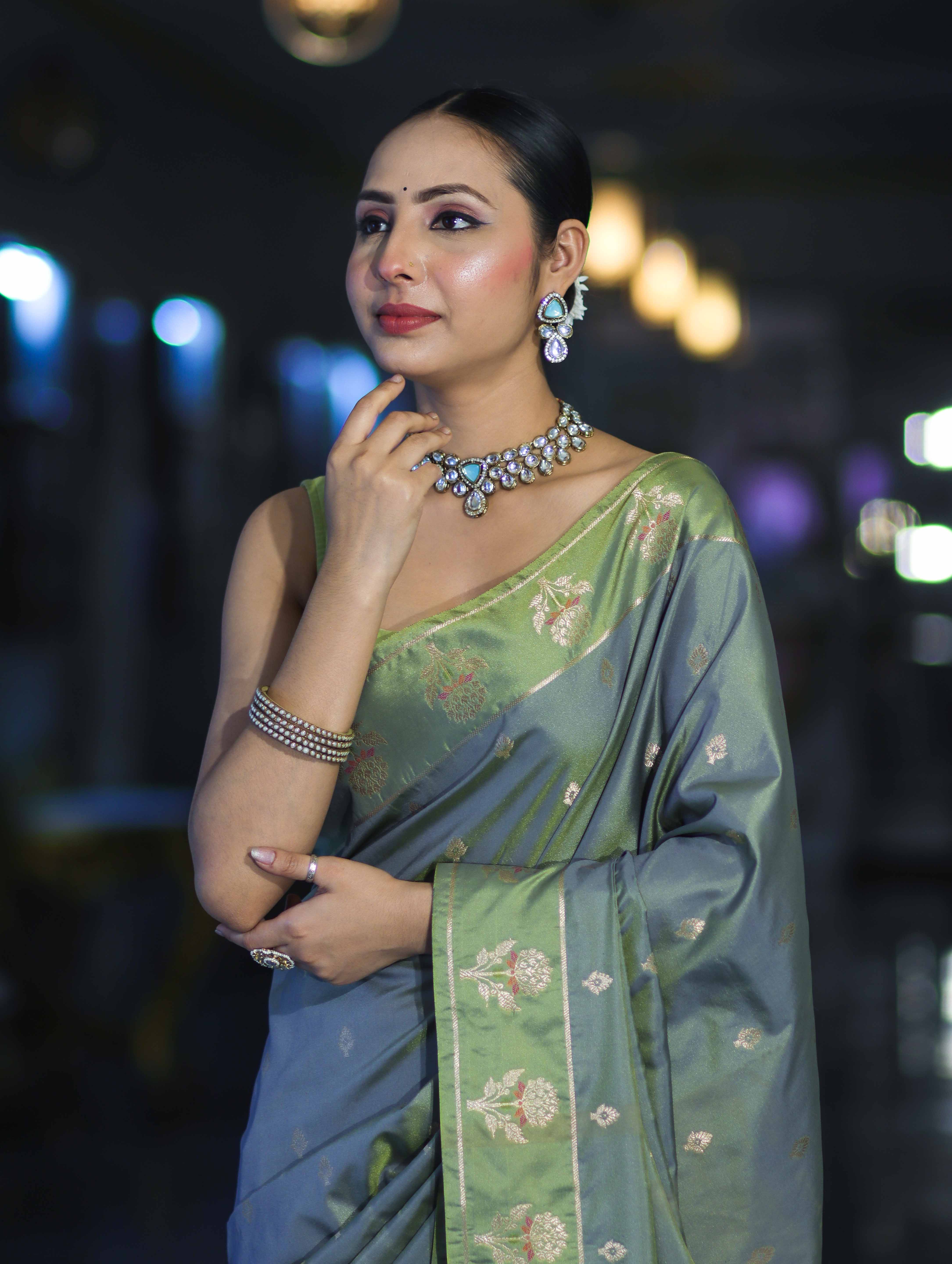 Banarasee Handloom Dual Tone Semi Silk Saree With Zari Buti Design & Border-Moss Green (Blue tone)
