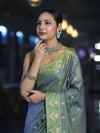 Banarasee Handloom Dual Tone Semi Silk Saree With Zari Buti Design & Border-Moss Green (Blue tone)