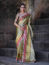 Banarasee Handloom Tissue Saree With Zari Woven Design Border & Contrast Lace-Moss Green (Gold Tone)