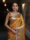 Banarasee Handwoven Plain Tissue Saree With Broad Zari Border & Lace-Golden Yellow