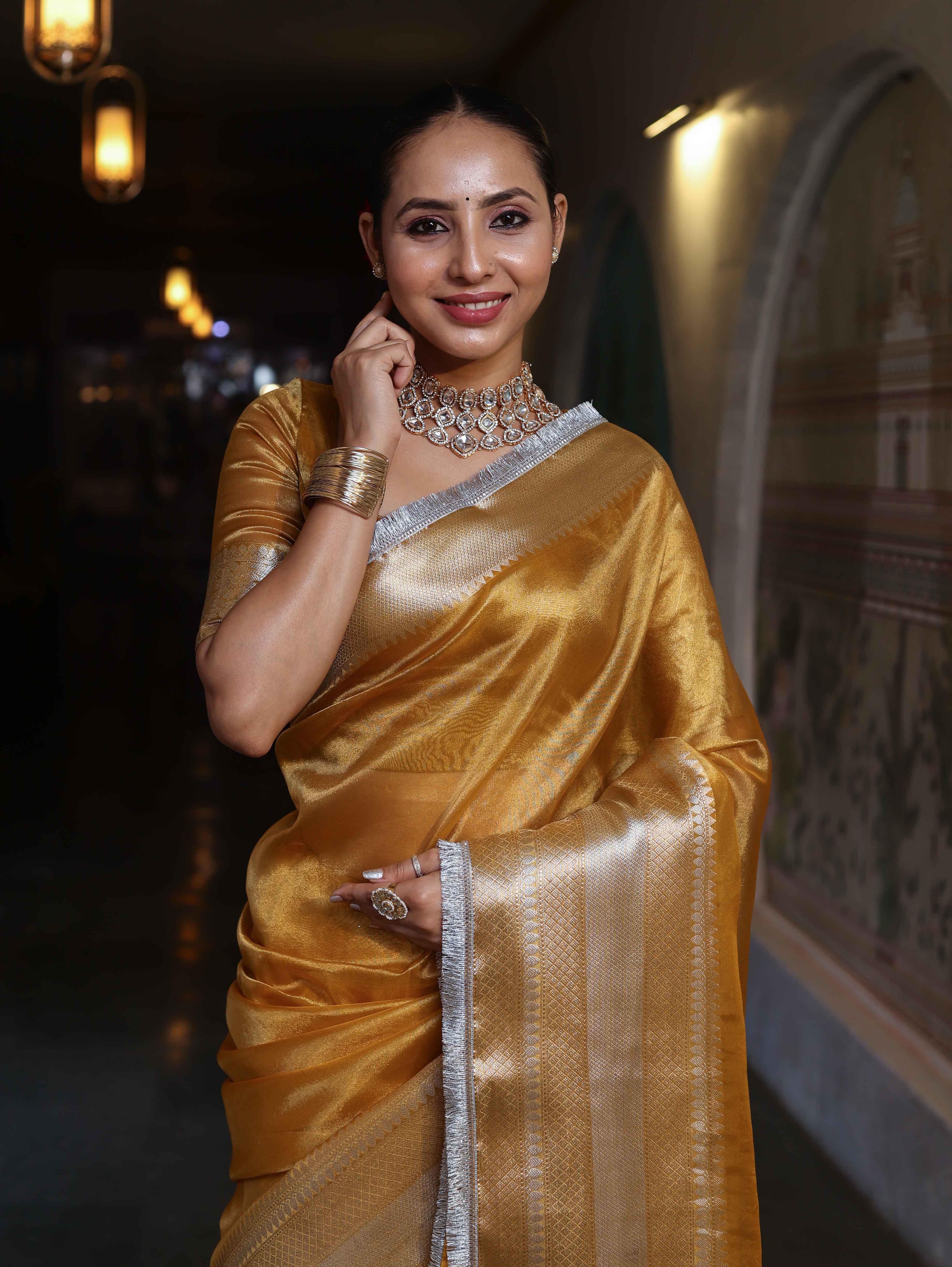 Banarasee Handwoven Plain Tissue Saree With Broad Zari Border & Lace-Golden Yellow