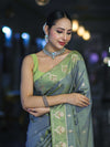 Banarasee Handloom Dual Tone Semi Silk Saree With Zari Buti Design & Border-Moss Green (Blue tone)